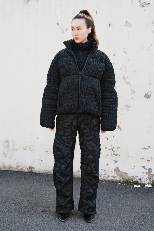 Oversize puffer jacket, fabric remake with handmade shirring detail allover