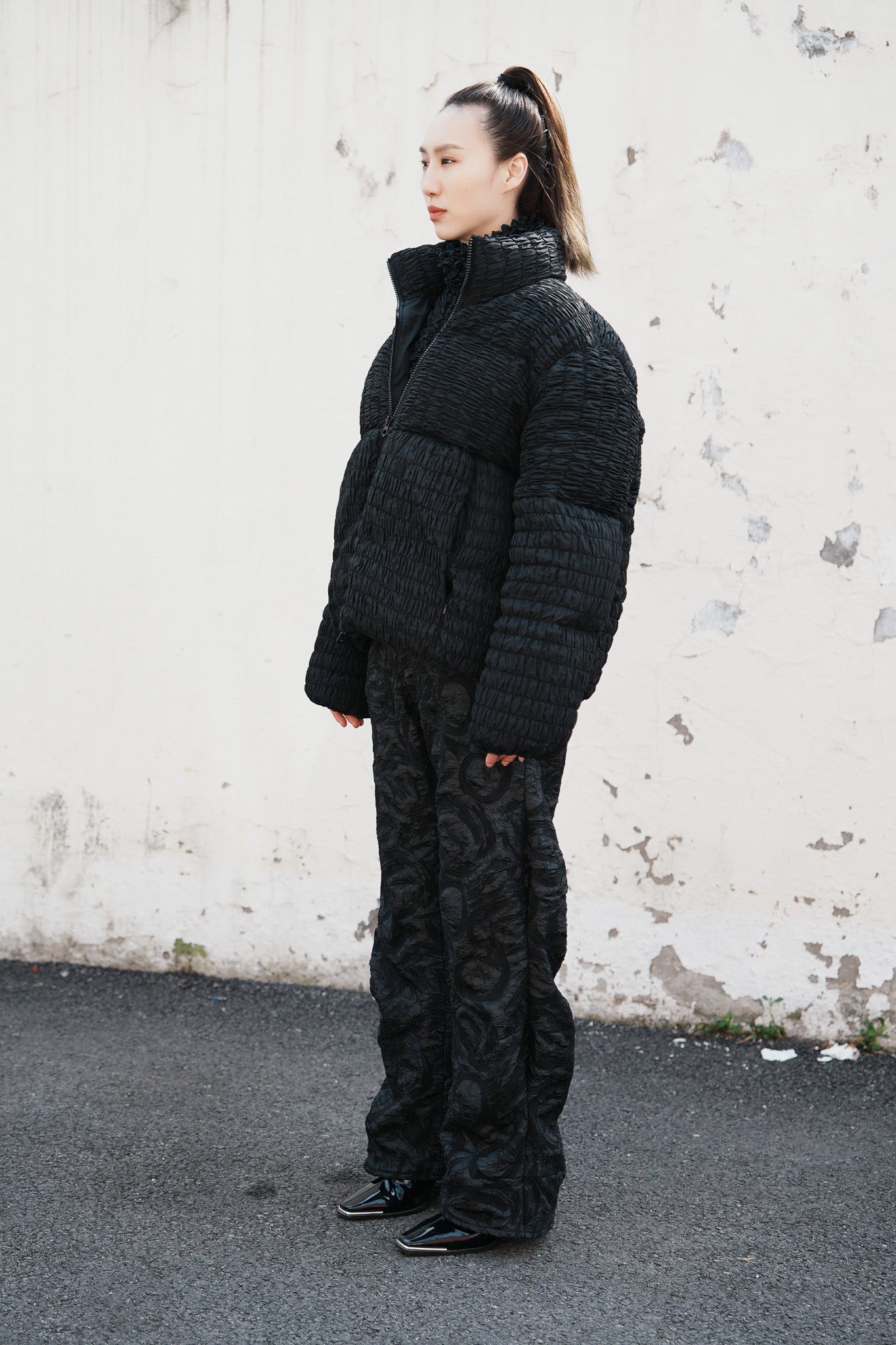 Oversize puffer jacket, fabric remake with handmade shirring detail allover