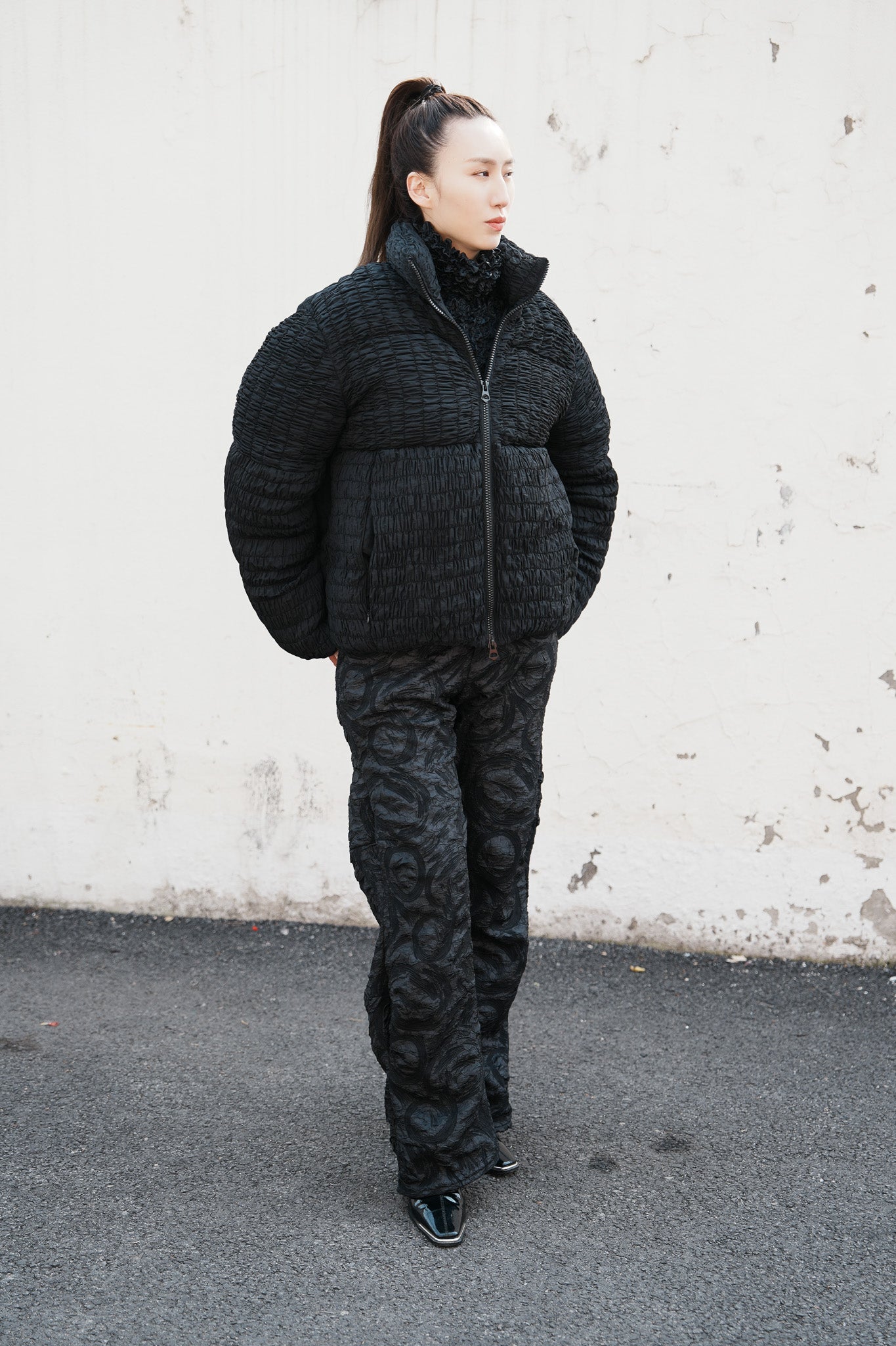 Oversize puffer jacket, fabric remake with handmade shirring detail allover