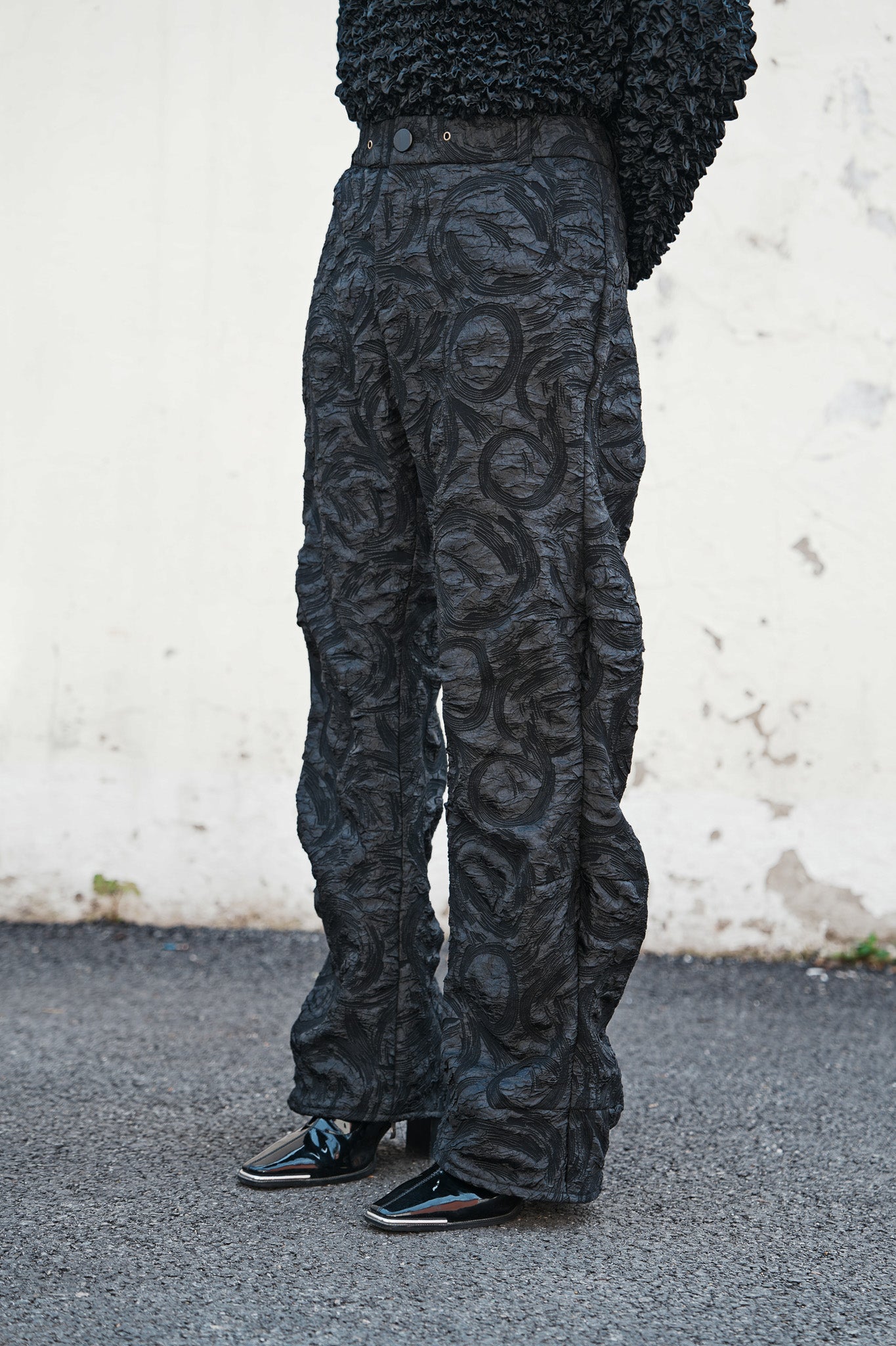 Waved structured flare pants, textured fabric, Gender Neutral