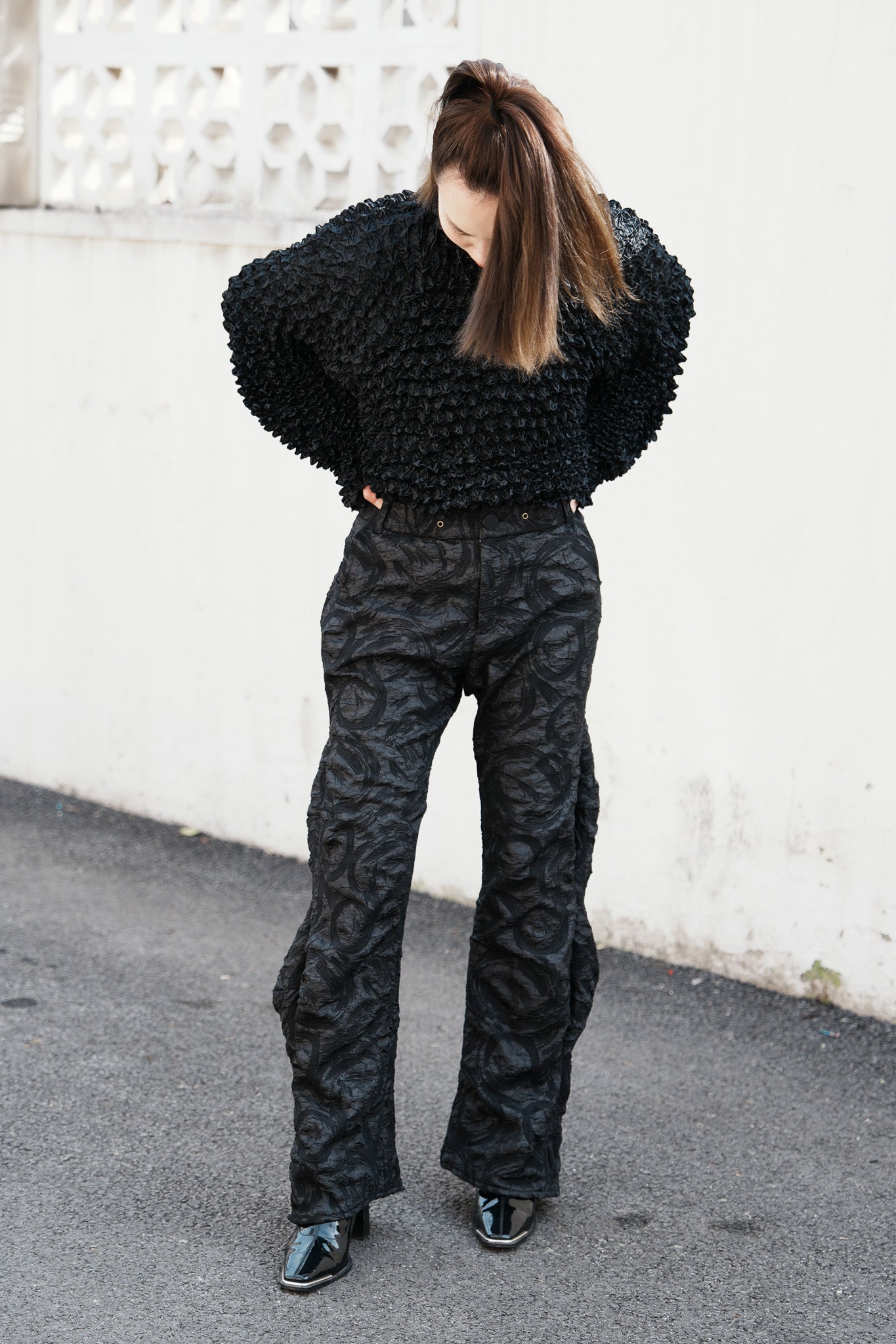 Waved structured flare pants, textured fabric, Gender Neutral