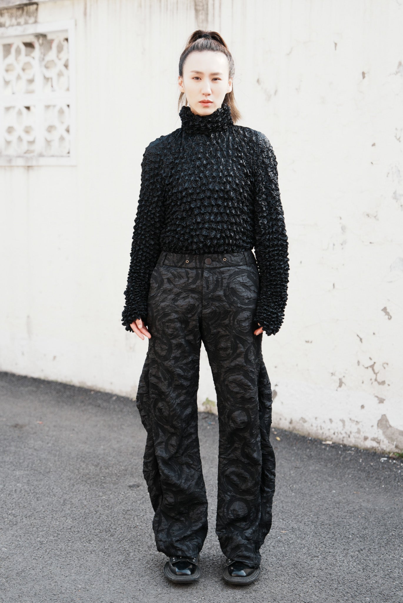 Waved structured flare pants, textured fabric, Gender Neutral