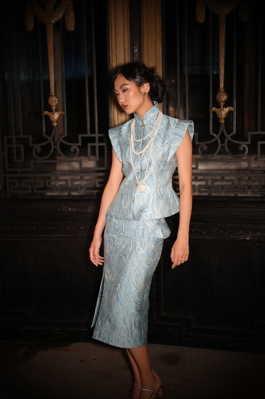 Eastern Dream – Blue Jacquard Qipao Set